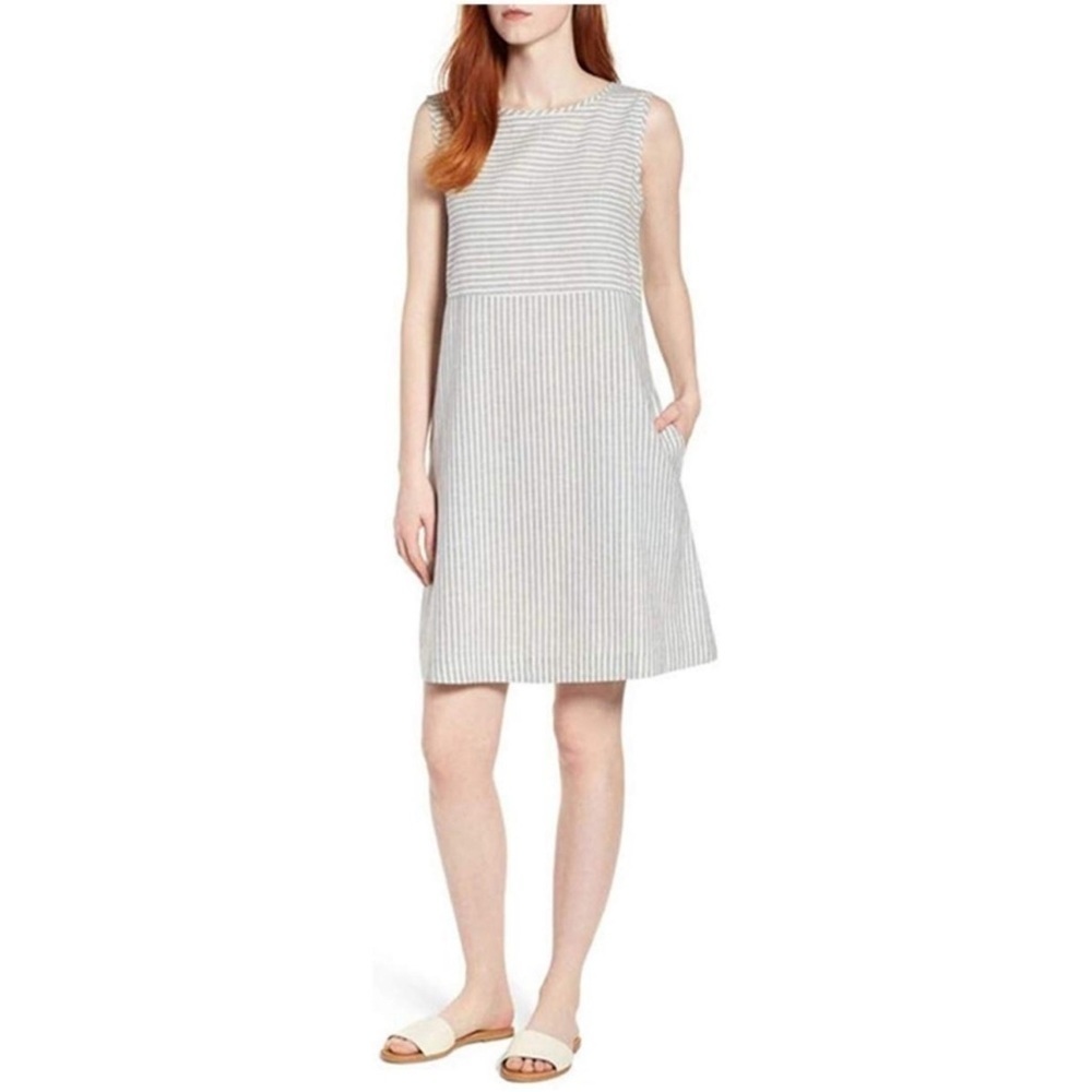 Eileen Fisher Hemp Organic Cotton blue white sleeveless Stripe Dress Sz Sm P